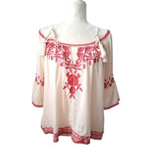 Love Sam Women's Cold Shoulder Salmon Pink Embroidered Boho Hippie Top  Sz XS